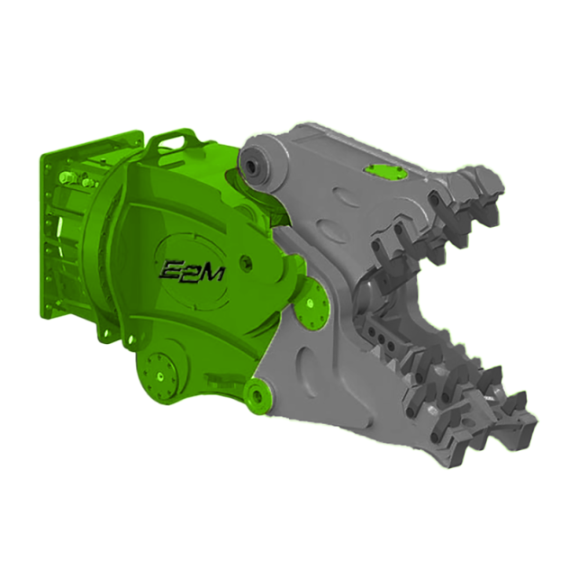 Broyeur rotatif Série FK de la marque E2M sous format de dessin, noir et vert, avec les mâchoires FHFK