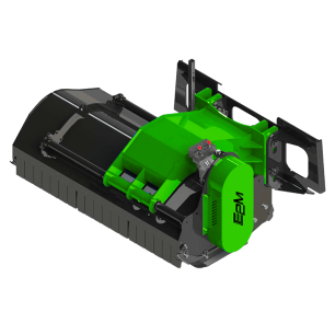 Broyeur hydraulique Série DMM pour chargeurs compacts de la marque E2M sous format de dessin, noir et vert.