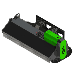 Broyeur hydraulique Série DML pour chargeurs compacts de la marque E2M sous format de dessin, noir et vert.
