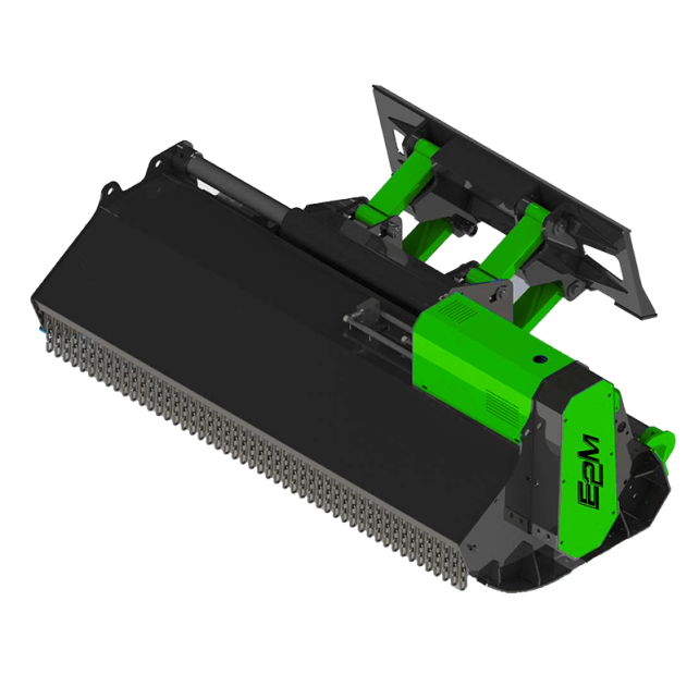 Broyeur hydraulique Série DM pour chargeurs compacts de la marque E2M sous format de dessin, noir et vert.